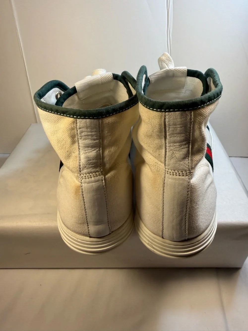 Gucci White High-Top Canvas Sneakers with Green Trim and Red-Black Stripe - Picture 3 of 12